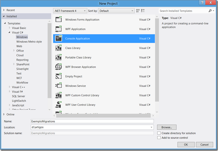 Create console type project