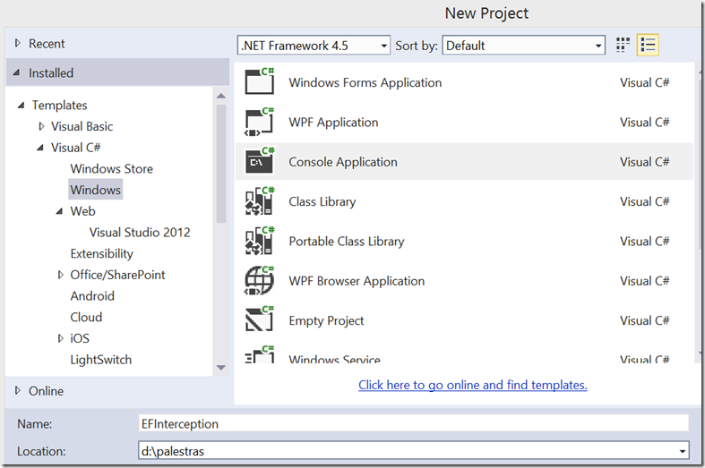 create a Console project using Visual Studio 2013